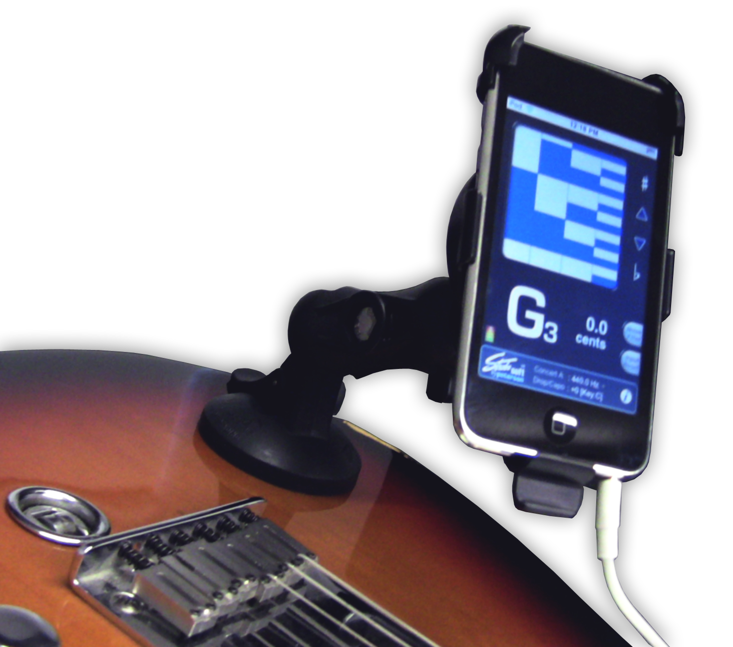 This holder for iPods and iPhones attaches to your guitar so you can display lyrics, chords, and more on your iPod or iPhone's screen. | Peterson Strobe Tuners